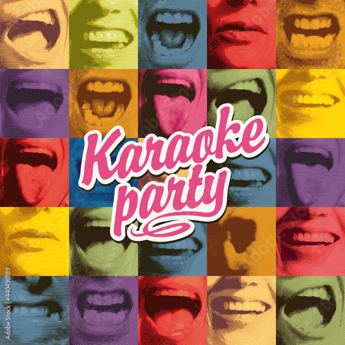 Vector music poster for a karaoke party. Banner with a calligraphic inscription on a bright collage background with colored square fragments depicting singing human mouths.