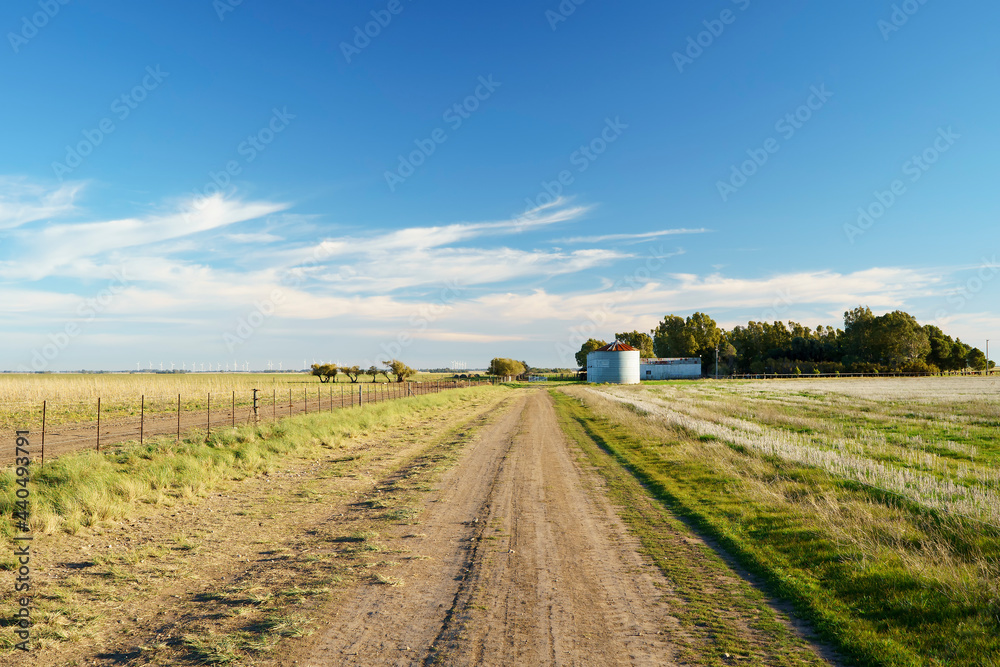 Rural landscape: Field with grass, silos, trees, road, fencing and blue sky with some clouds