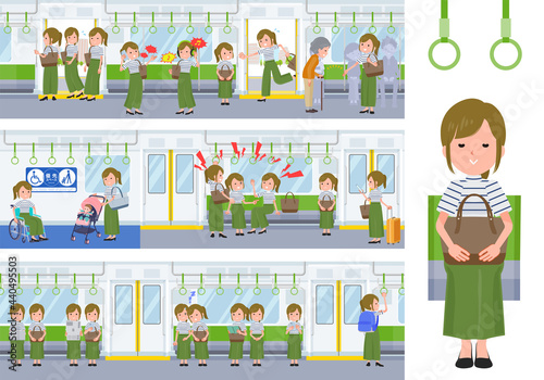 電車に乗るカジュアルファッション女性のセット
