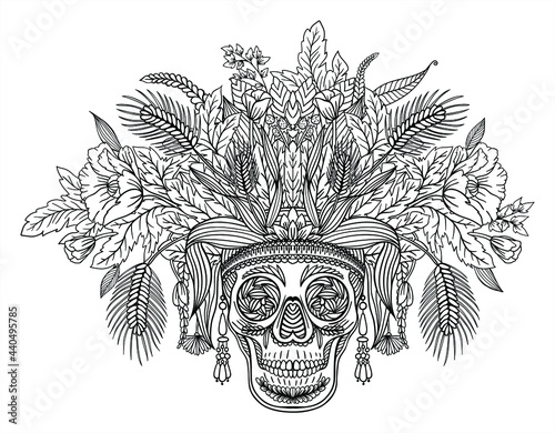 Vector pattern with line drawn decorative human skull in flowers and leaves of different herbs. Sketch for a tattoo. Texture for printing for the holidays "Death Day" or "Halloween"