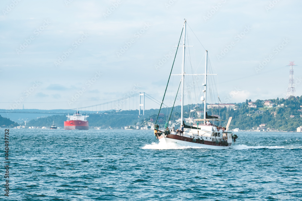 Istanbul, Turkey - June 2021: A ship passing through the Bosphorus. Boat tours in the Bosphorus. Touristic places to visit in Istanbul. Istanbul's historical places. Selective focus, close-up.