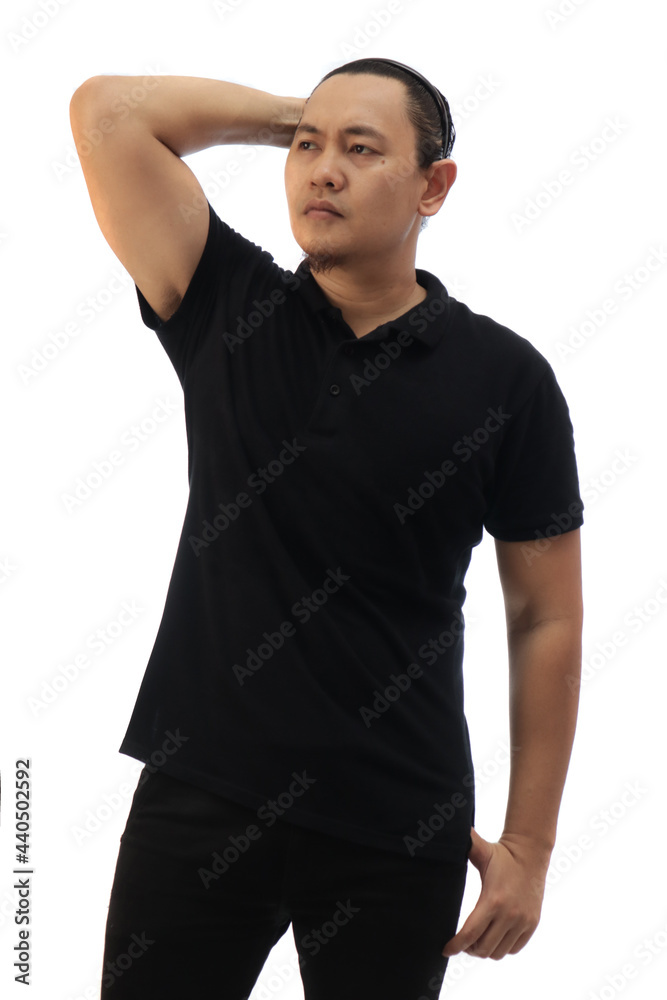 Blank collared shirt mock up template, front view, Asian male model wearing plain black t-shirt isolated on white. Polo tee design mockup presentation Blank collared shirt mock up template, front view, Asian male model wearing plain black t-shirt isolated on white. Polo tee design mockup presentation