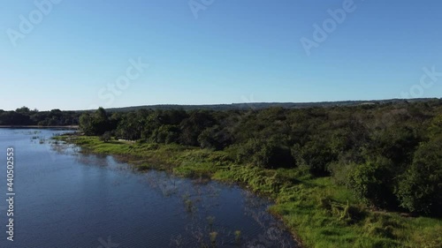 Ypcarai lake footage rising from coastline to above the trees photo