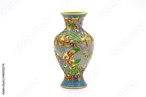 Antique Chinese Cloisonne enamel vase isolated on white background