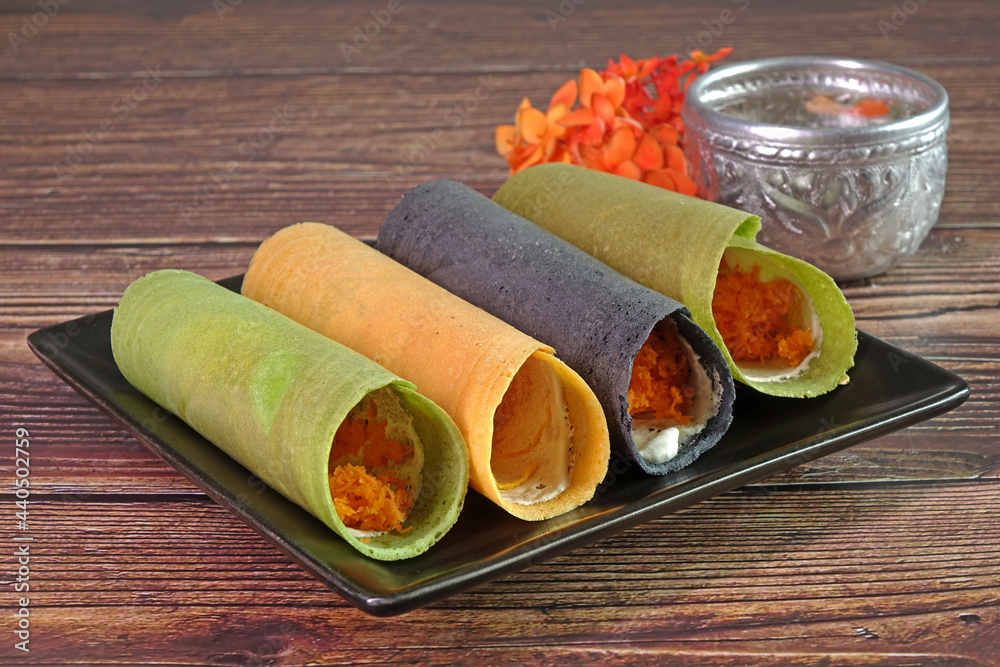 Thai crispy pancake or Khanom Buang Colorful Thai crispy filled