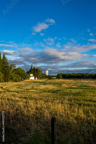 tower in the green field with blue sky