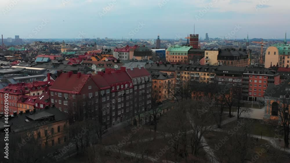 Aerial panoramic view of public park and houses in neighbourhood. Cityscape of large town. Stockholm, Sweden Aerial panoramic view of public park and houses in neighbourhood. Cityscape of large town. Stockholm, Sweden