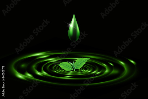 Water Drop background isolated on black background. Realistic green splash water waves surface from drop with leaves. Vector circle ripple, liquid shampoo or gel swirl round texture template.   EPS10