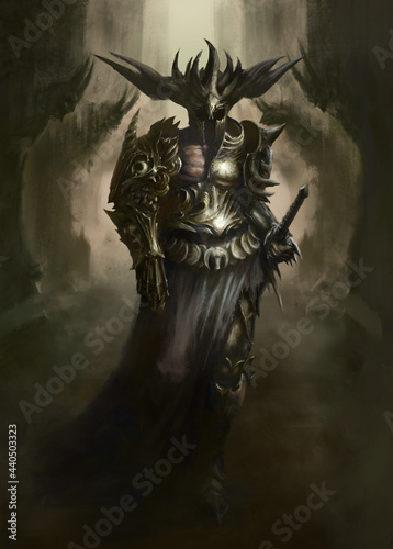 A fallen knight, in defiled armor, walks through the castle of demons photo