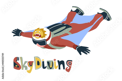 brave soaring skydiver with a funny cowardly lion on the helmet, extreme sport, wingsuit or parachuting, color vector illustration in cartoon and flat design