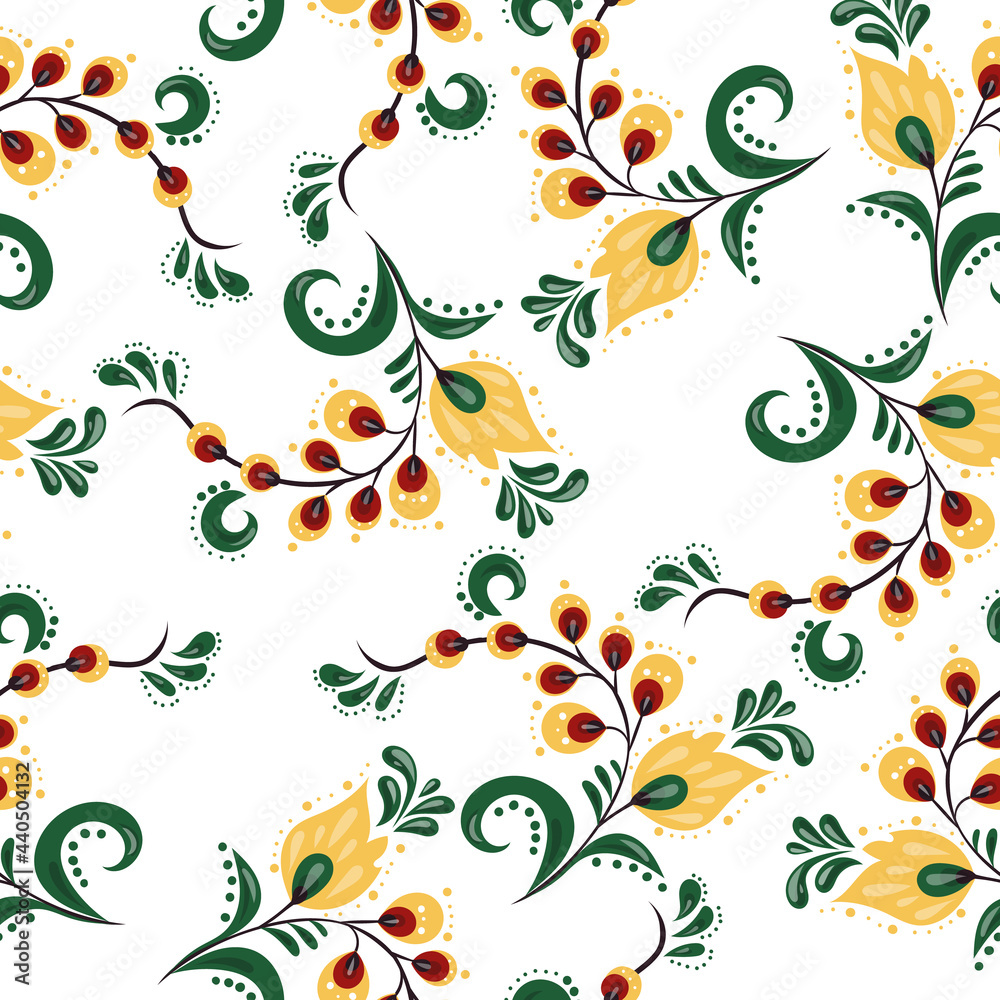 Vector illustration seamless pattern - garden flowers and plant leaves on white isolated background. Vector illustration