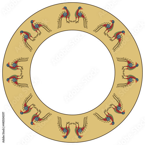 Round animal ornament or frame with stylized funny birds. Folk style.