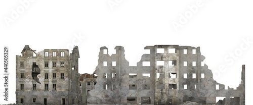 Ruined city building isolated on white 3d illustration