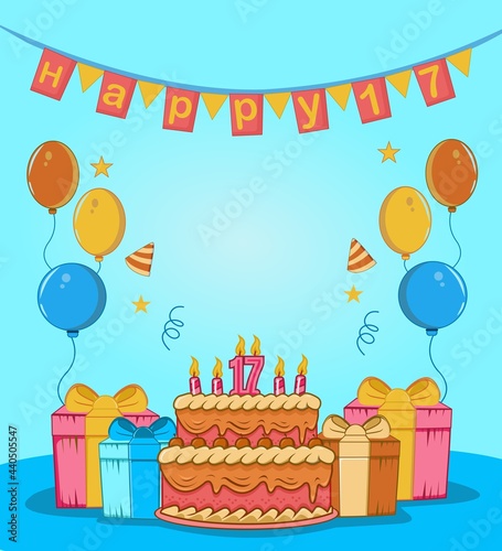 Fotografija best sweet seventeen with birthday cake,give,balloon,candle,hat,flag,star orname
