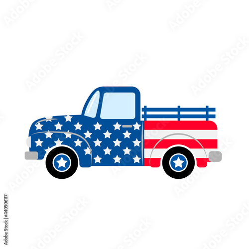 American patriotic retro truck. Independence Day truck. Vintage pickup. Vector template for greeting card, banner, poster, flyer, etc.