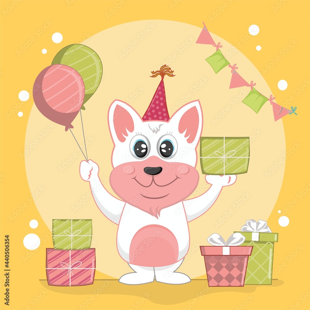 happy birthday to you with cat take a a give and balloon with flag decoration flat design