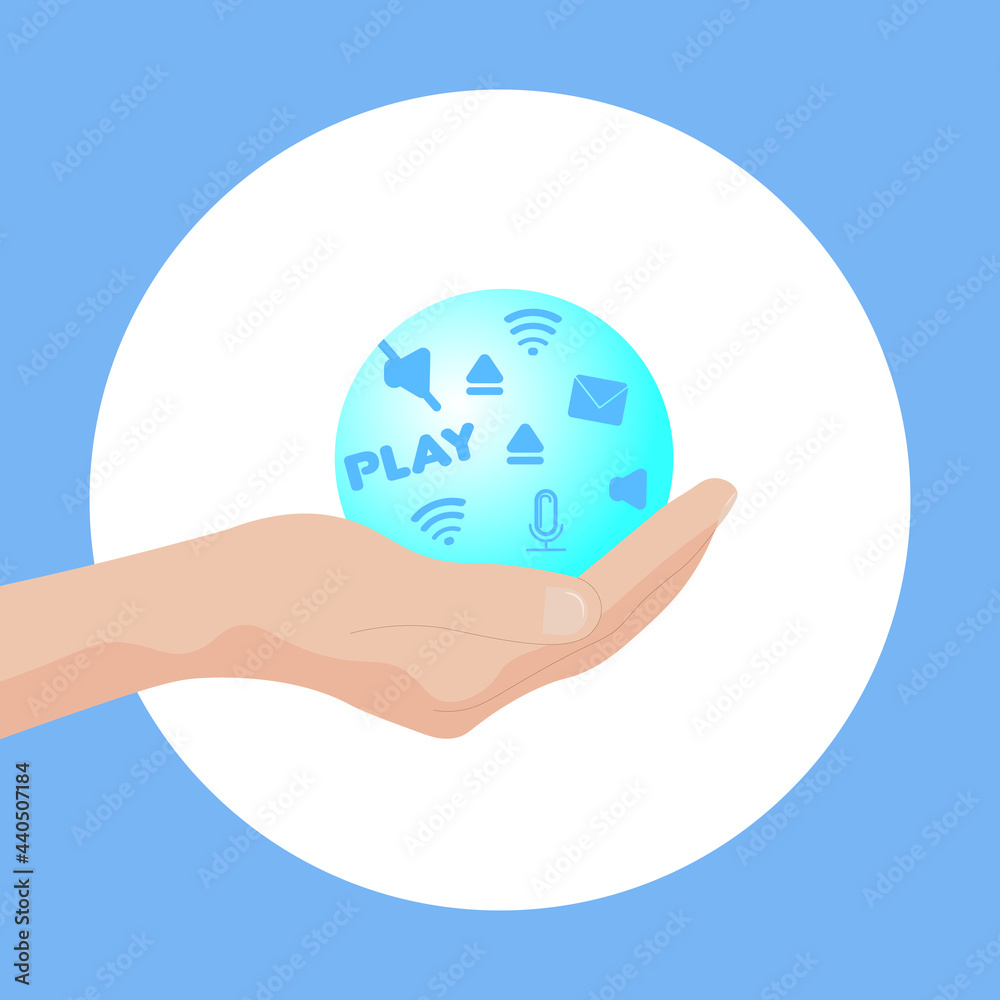 Hand holds glass ball with internet symbols Hand holds glass ball with internet symbols