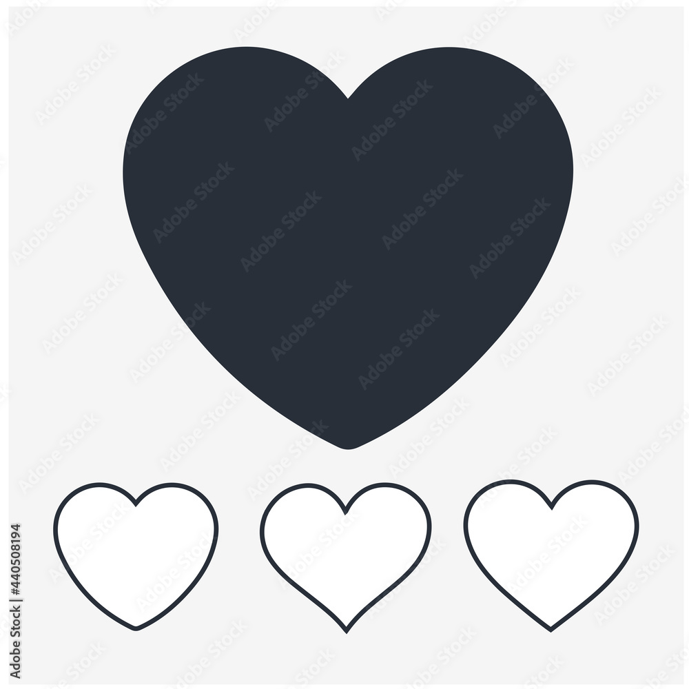 Collection of four hearts, black and white, on gray background.