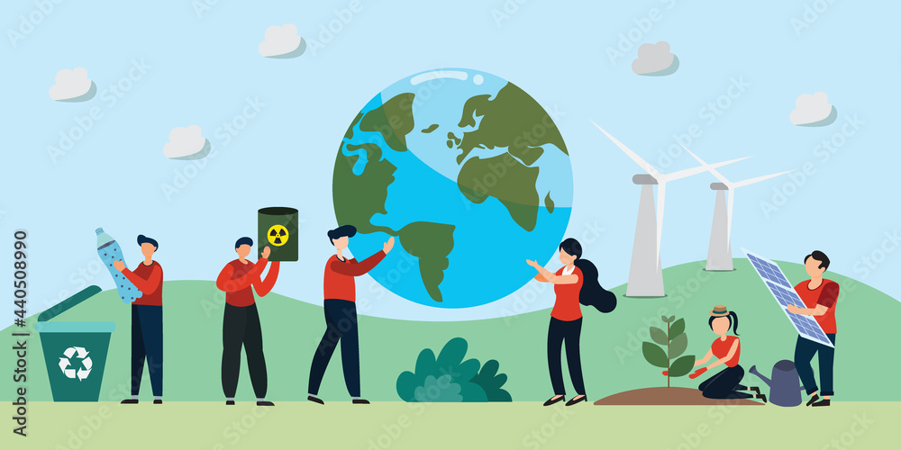 flat illustration, people are cleaning the earth's waste for a better environment and planting trees Use wind turbines and nuclear power to generate electricity. flat illustration, people are cleaning the earth's waste for a better environment and planting trees Use wind turbines and nuclear power to generate electricity.