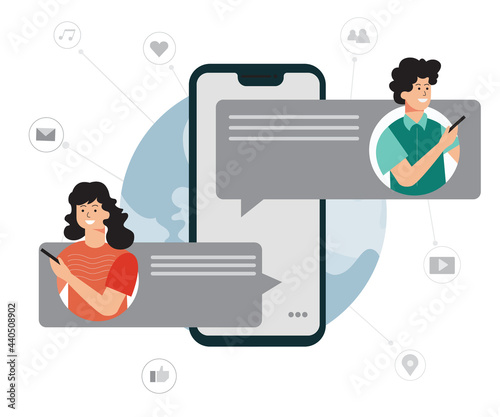 Flat illustration of man and woman communicating via mobile internet, modern society makes it easier to stay in touch.