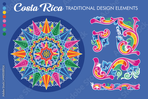 Costa Rican Ox Cart Wheel design and ornaments. Blue version. Traditional painting. Vectors (EPS)	 photo