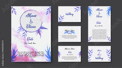 Floral Rustic Wedding Invitation Set flower and botanical leaves, Organic shapes, Watercolor. Vector background for banner, poster.