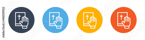 Hand on the bible icon. Vector illustration. Christian symbol sign.