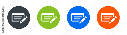 A bank check or cheque icon with pen symbol. Financial payment concept