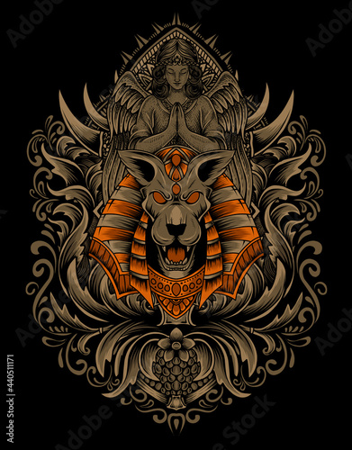 Illustration anubis head with vintage engraving ornament