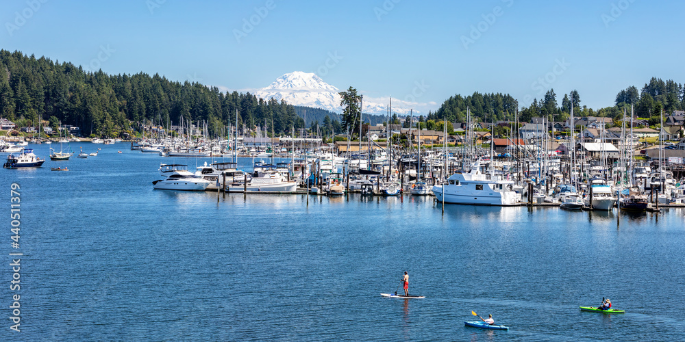 Paddle boarders and kayaks in the Gig Harbor marina with mt rainier in the background