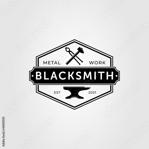 blacksmith, anvil, and hammer badge logo vector illustration design