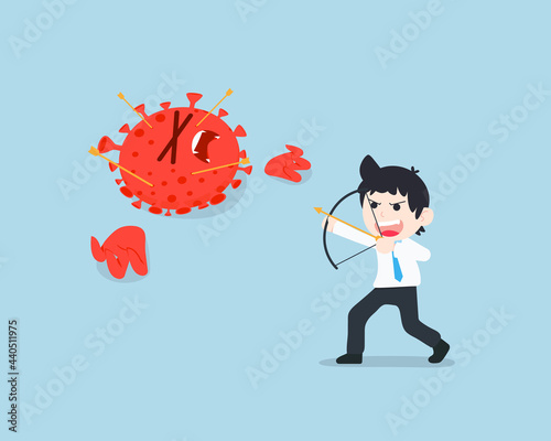 Business Man Holding a Bow and Fearlessly Shooting at Coronavirus Covid