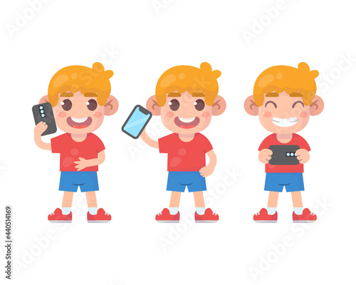 set of happy kids cute boy character and smartphone with many gesture expressions . 