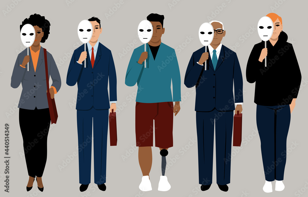 Diverse job applicants hiding behind neutral masks representing reducing bias in hiring process, EPS 8 vector illustration