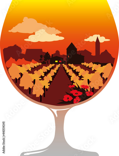 Silhouette of a brandy glass filled with a wine region landscape and a winery or distillery, EPS 8 vector illustration, no transparencies