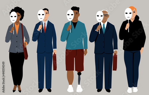 Diverse job applicants hiding behind neutral masks representing reducing bias in hiring process, EPS 8 vector illustration