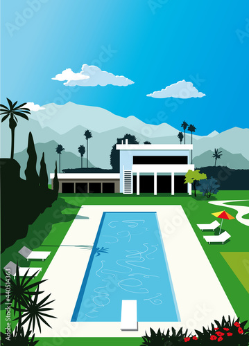 Luxurious outdoors pool in front of a villa and a beautiful resort landscape, EPS 8 vector illustration