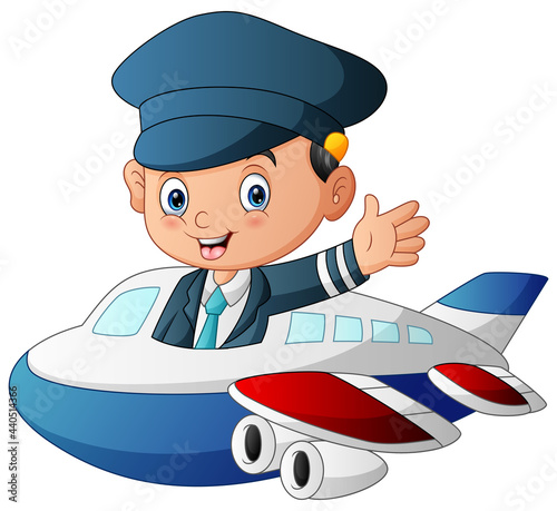 Illustration of pilot flying an airplane on white background