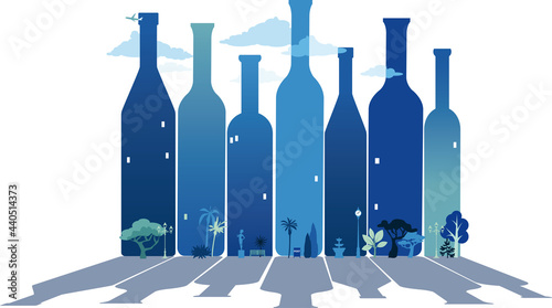 Row of  wine bottles looking like a city skyline, EPS 8 vector illustration, no transparencies, no mesh
