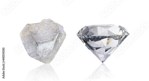 Foto Dazzling diamond before and after uncut on white background