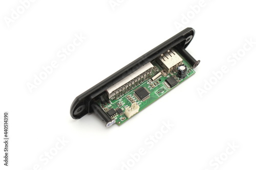 Mp3 player circuit board isolated white background. MP3 module decoder board