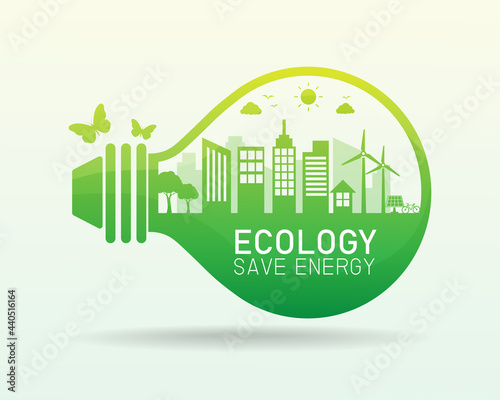 green ecology city on lightbulb background. save ecology eco friendly concept. energy and sustainable. vector illustration in flat style modern design.