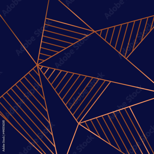 Abstract geometric triangles low polygon copper pattern on blue background luxury style