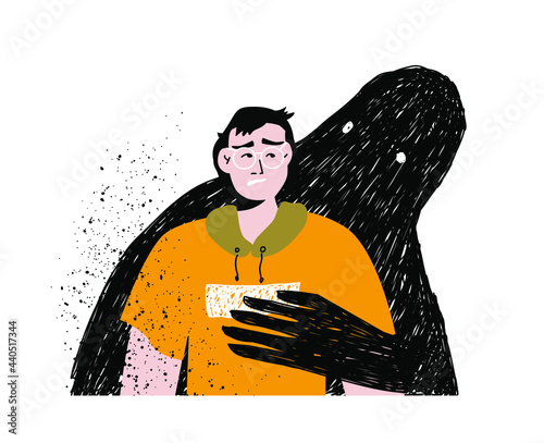 Man with mental health problems and psychological disorders such as anxiety, bipolar, panic attacks, insomnia and schizophrenia. Colored flat vector illustration isolated on white background