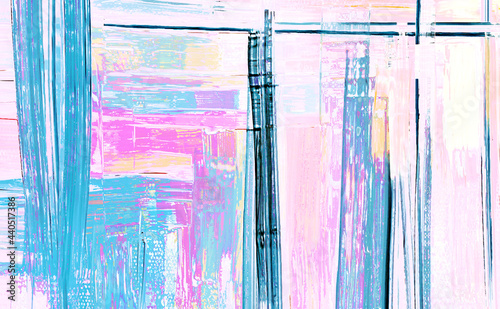 Fototapeta Naklejka Na Ścianę i Meble -  Blue, pink light paint strokes on canvas, artistic background. Modern art made with acrylic paint smears and rough brushstrokes, abstract painting