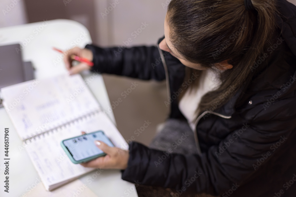 Mulher trabalhando em casa, usando lápis, caderno e celular. Fazendo anotações se comunicando com clientes através de seu smartphone. Plano de fundo desfocado. Mulher trabalhando em casa, usando lápis, caderno e celular. Fazendo anotações se comunicando com clientes através de seu smartphone. Plano de fundo desfocado.