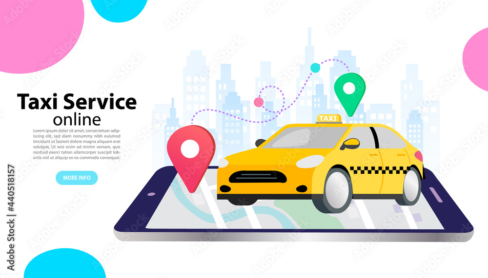 Naklejka premium Online taxi booking service and ride-hailing app concept. A yellow cab on a smartphone with a map showing the route from a pickup point to the destination. Vector for urban transportation and travel.