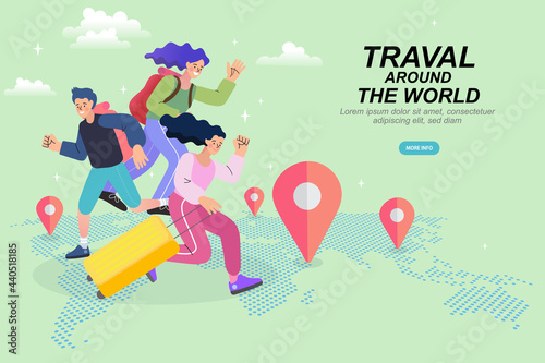 Online travelling Illustration for landing page. Travel and vacation concept. Man and woman using navigation app. Trip planning. Online booking service vector illustration. 