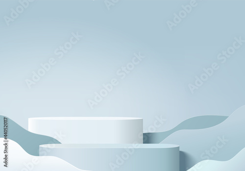 3d background products display podium scene with geometric platform. background vector 3d rendering with podium. stand to show cosmetic products. Stage showcase on pedestal display blue studio