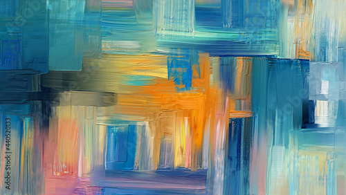 Yellow, bright blue strokes of paint, canvas. Contemporary art made with colored strokes and rough strokes, abstract painting photo